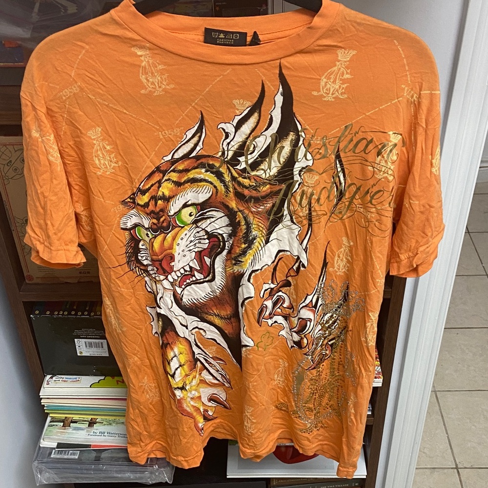 Y2K Christian Audigier Orange Tiger Graphic Tee